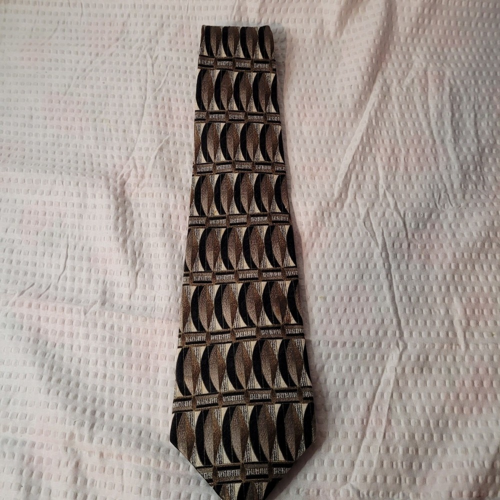 Pierre Cardin Silk Tie Brown Black Tan Geometric Abstract Pattern Mens Necktie